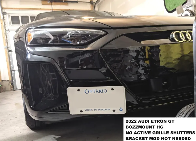 No-drill-holes license plate mount holder bracket relocator for Audi e-tron GT with side horizontal slats grille.