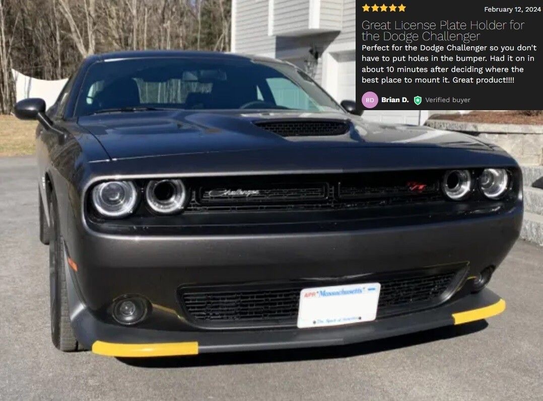Customer review photo of a gray Dodge Challenger featuring a Sly Brackets no-drill front license plate holder on a lower mesh