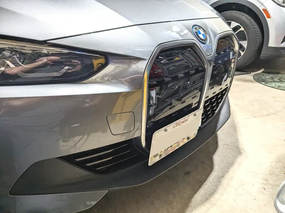 True no drill no holes 2023 2024 BMW i4 license plate holder frame mount bracket relocator