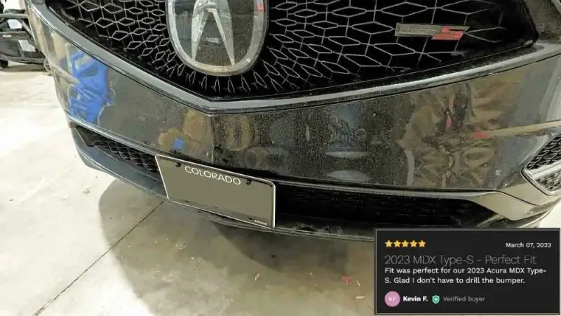 True no drill no holes front license plate bracket for Acura MDX mesh grille frame relocator grille mount