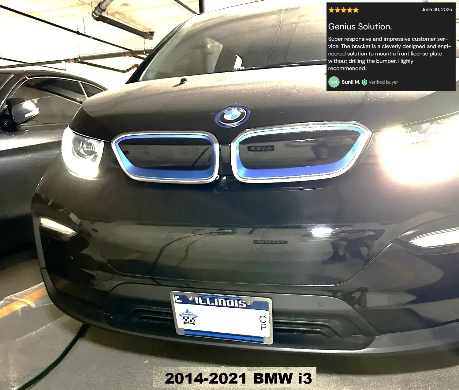 Sly Bracket fits 2014-2021 BMW i3 with horizontal slats lower grille.