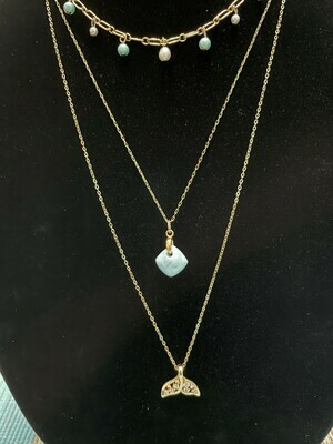 Whale tale and larimar triple chain necklace set