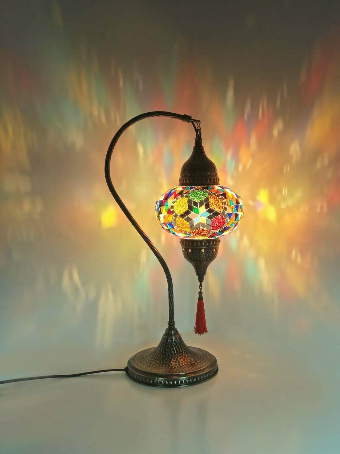 Handmade Turkish Mosaic Stained Glass Lamp | Swan Neck Lamp For Bedside, Table Or Desk With Options { STYLE II }