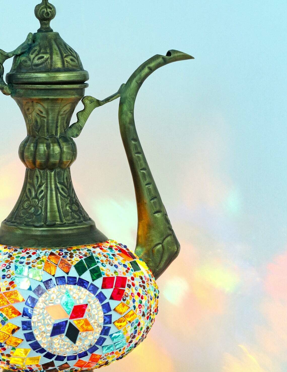 Handmade Turkish Mosaic Stained Glass Lamp | Pitcher Lamp For Bedside, Table Or Desk With Options { STYLE V }