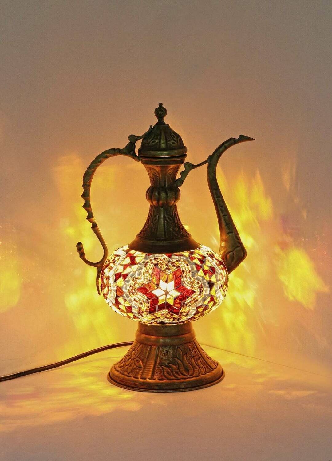 Handmade Turkish Mosaic Stained Glass Lamp | Pitcher Lamp For Bedside, Table Or Desk With Options { STYLE V }