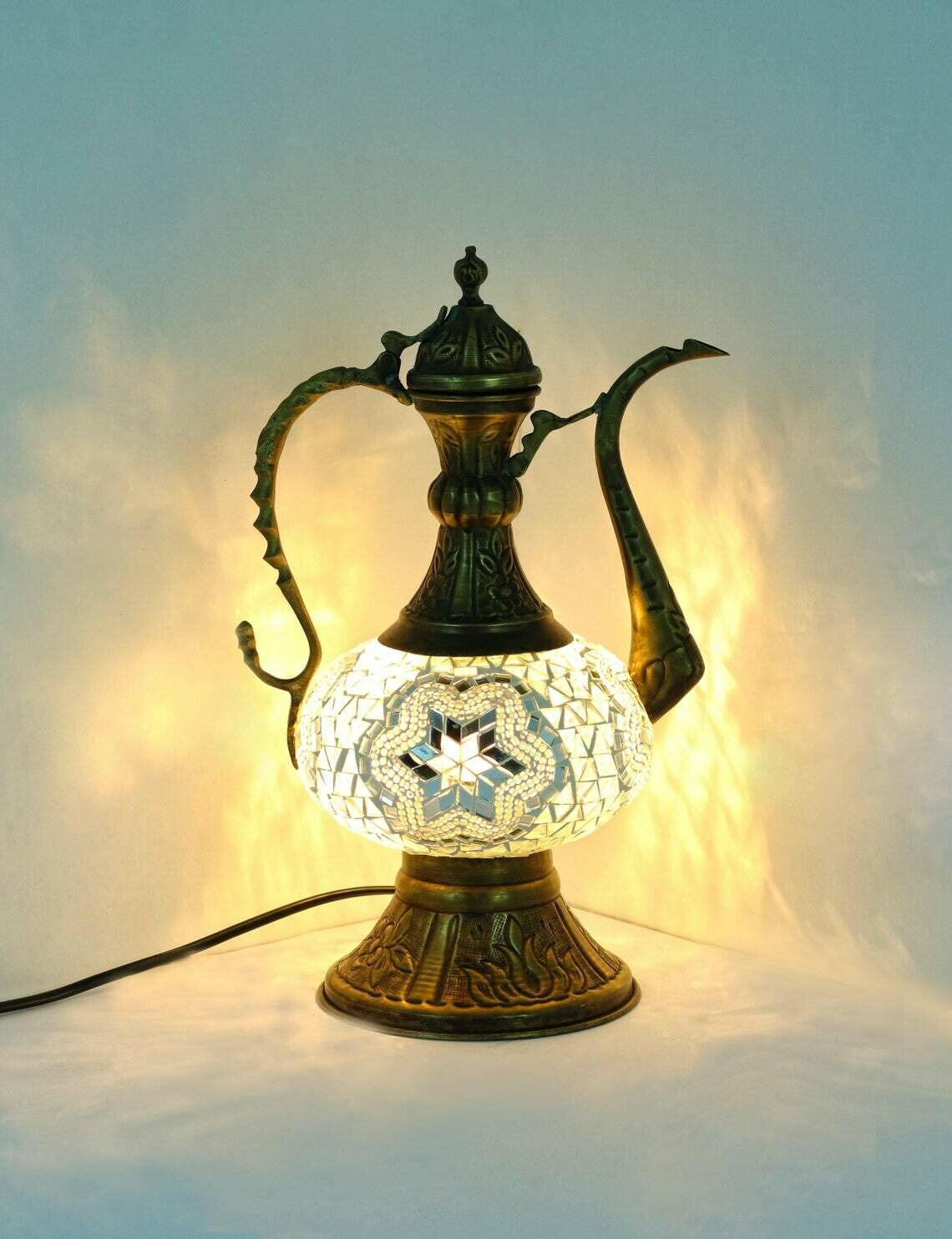 Handmade Turkish Mosaic Stained Glass Lamp | Pitcher Lamp For Bedside, Table Or Desk With Options { STYLE V }