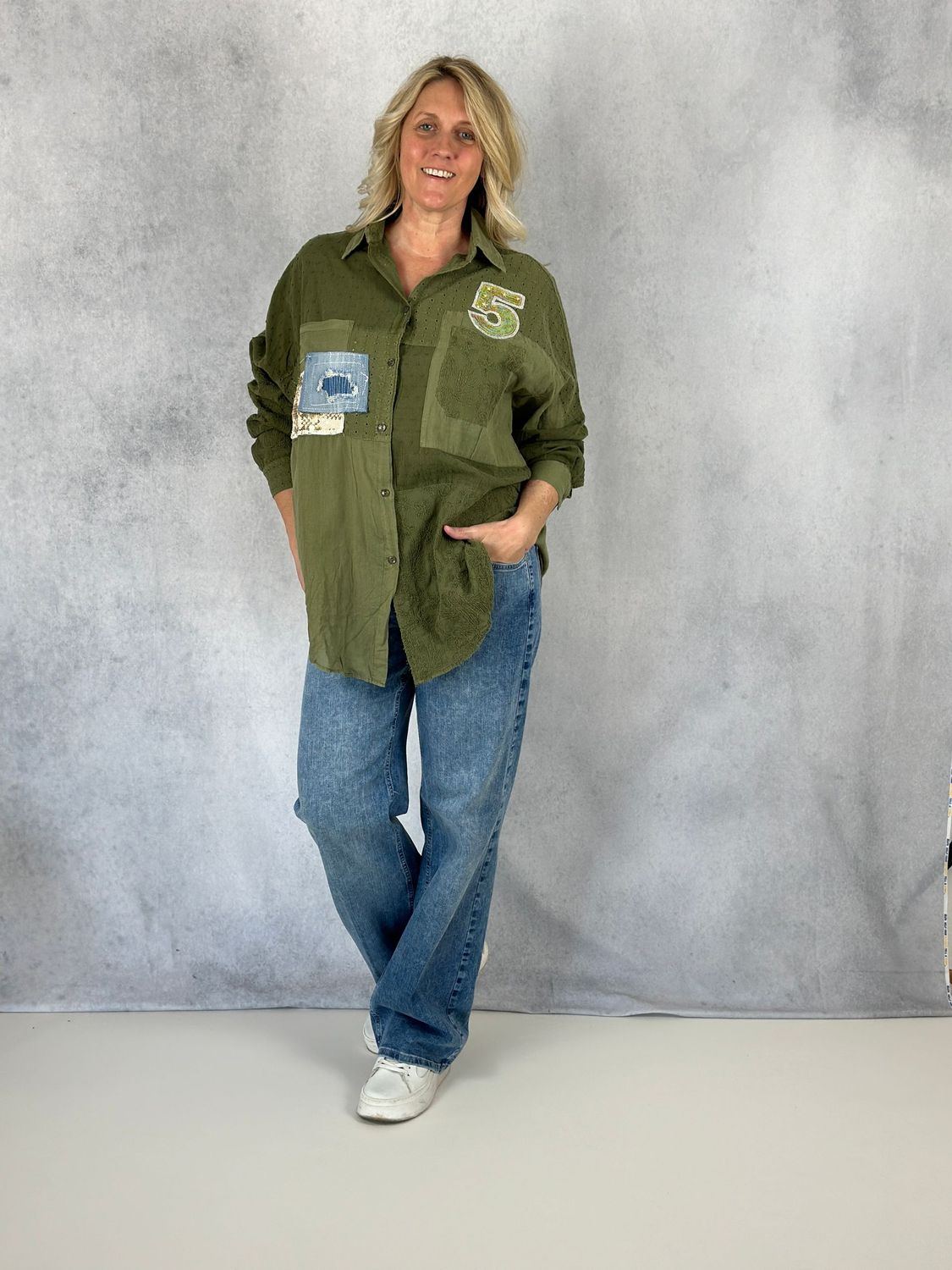 Hemdbluse Lochstickerei, khaki