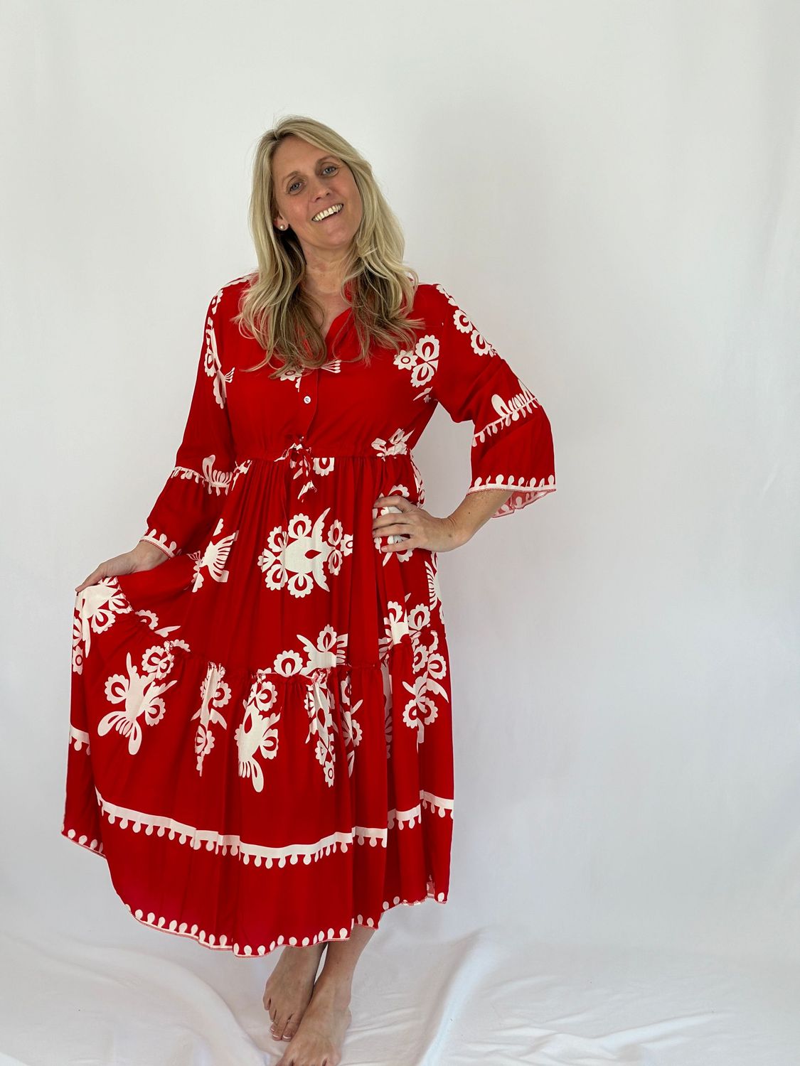 Midi Kleid mit Muster, rot - beige