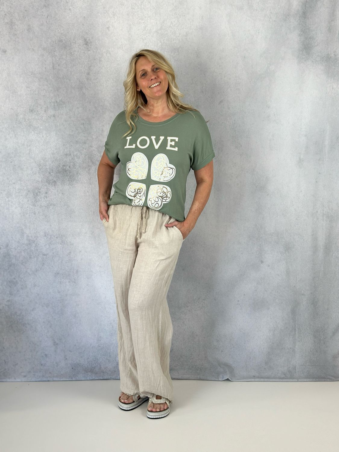 Strick Shirt Heart, khaki-weiß-gold