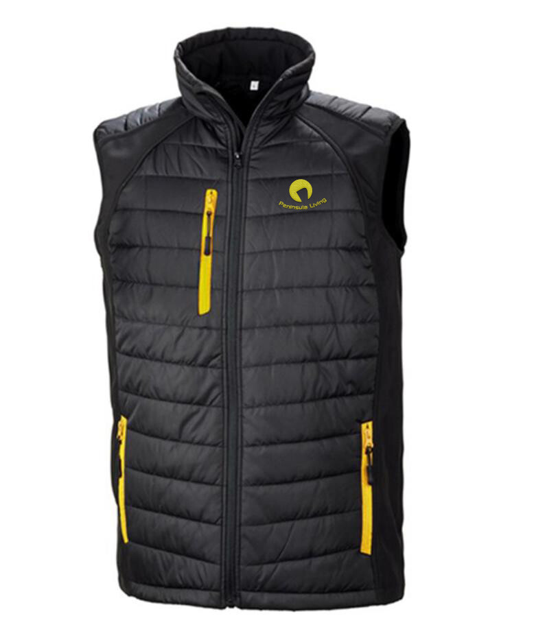 Peninsula Living Adult Utility Gilet - recycled plastic bottles form the insulation, Colour: Black/Yellow
