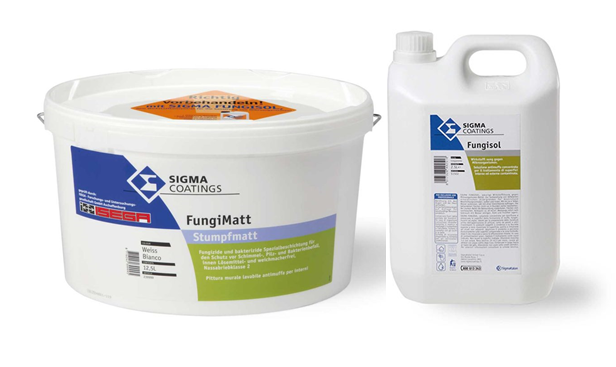 PITTURA MURALE ALL&#39;ACQUA ANTIMUFFA E SOLUZIONE DETERGENTE SANIFICANTE - Sigma Fungimatt+Fungisol Ciclo Antimuffa