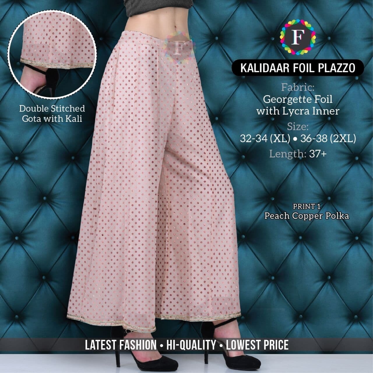kalidaar Georgette Foil ladies Palazzo, MODEL: Peach Copper Polka