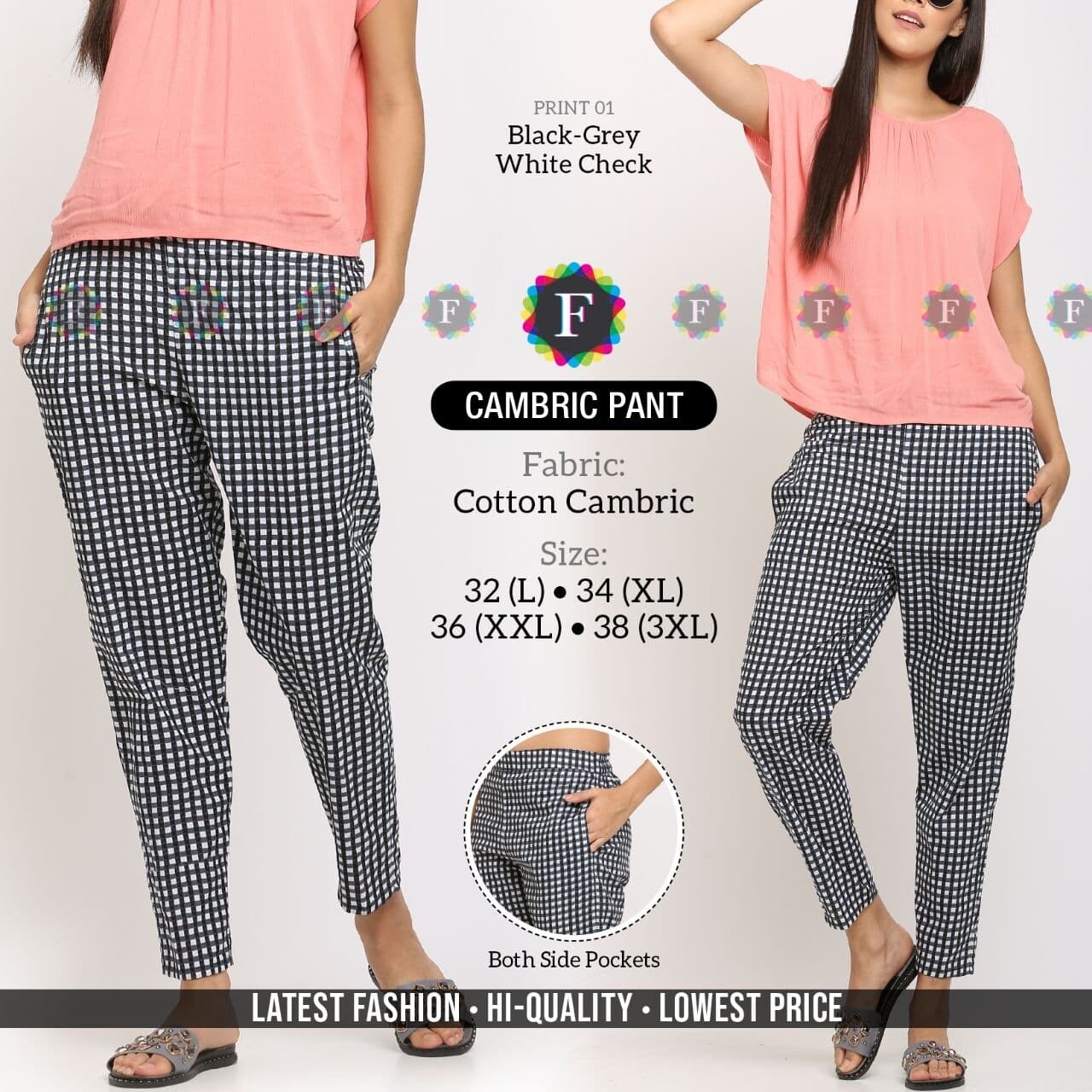Cambric Cotton  ladies Pant with pocket, PRINT NO.: Print 01: Black -Grey White Check