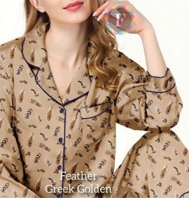 Printed Luxury Cotton Nightsuit, SELECT PRINT: Feather greek golden