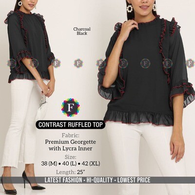 Contrast Ruffled  ladies Top, COLOR: Charcoal Black