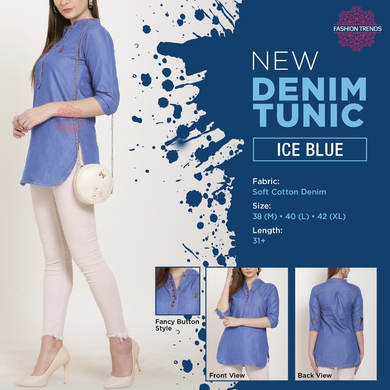 Fashion Trends Women Denim Tunic in 2 colors, COLOR: ICE BLUE