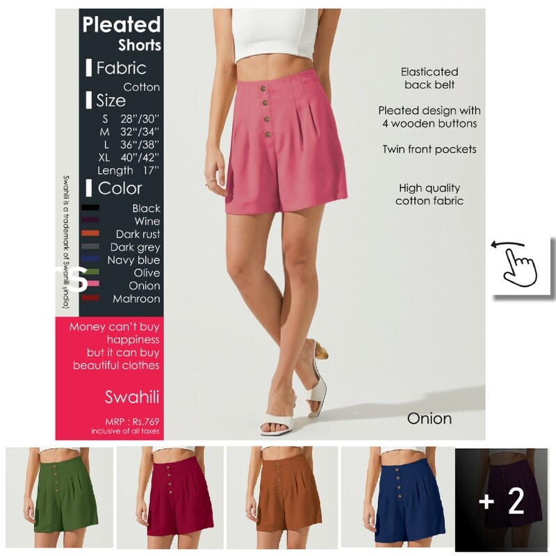 Women pleated  Cotton shorts with pockets