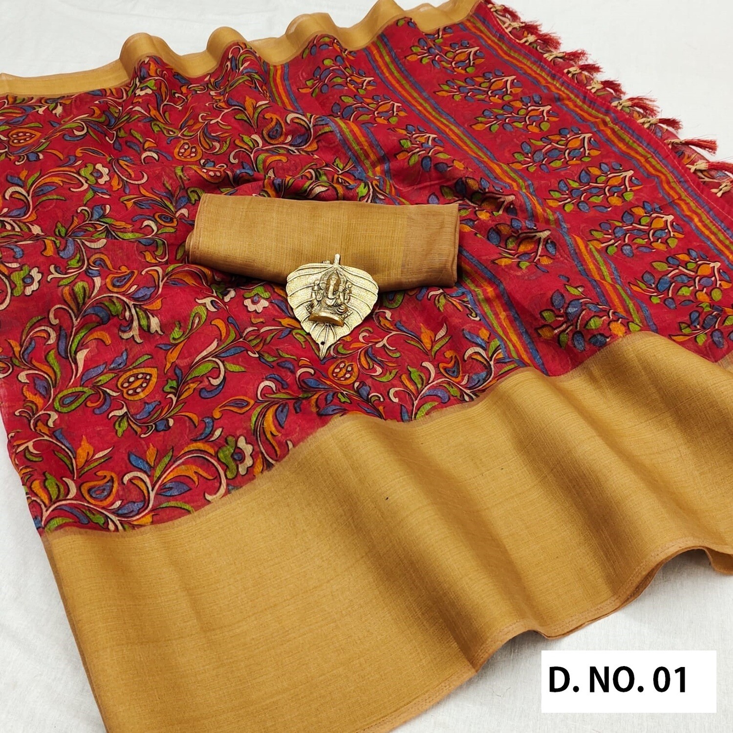 Linen Cotton saree with 9inch golden zari border, Design no.: D.No.01