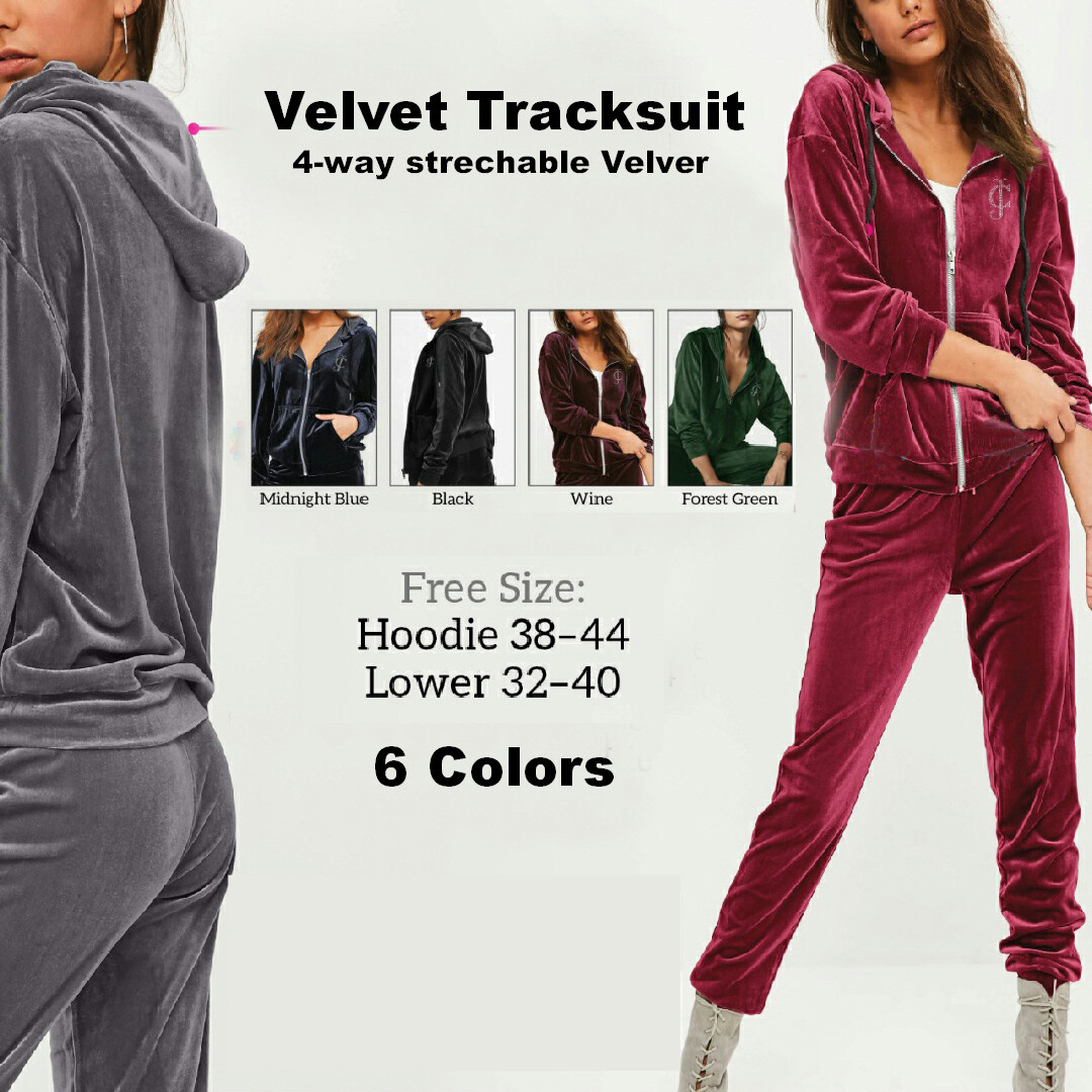 Ladies Velvet Hoodie Track Suit with pockets