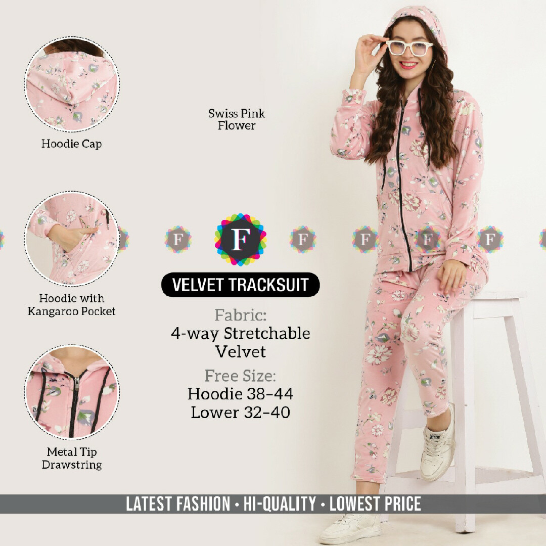 Ladies Velvet Printed Hoodie Track Suit with pockets