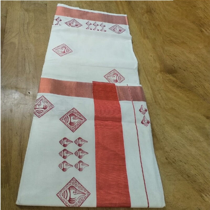 Kerala handloom Cotton printed  Kasavu Sari