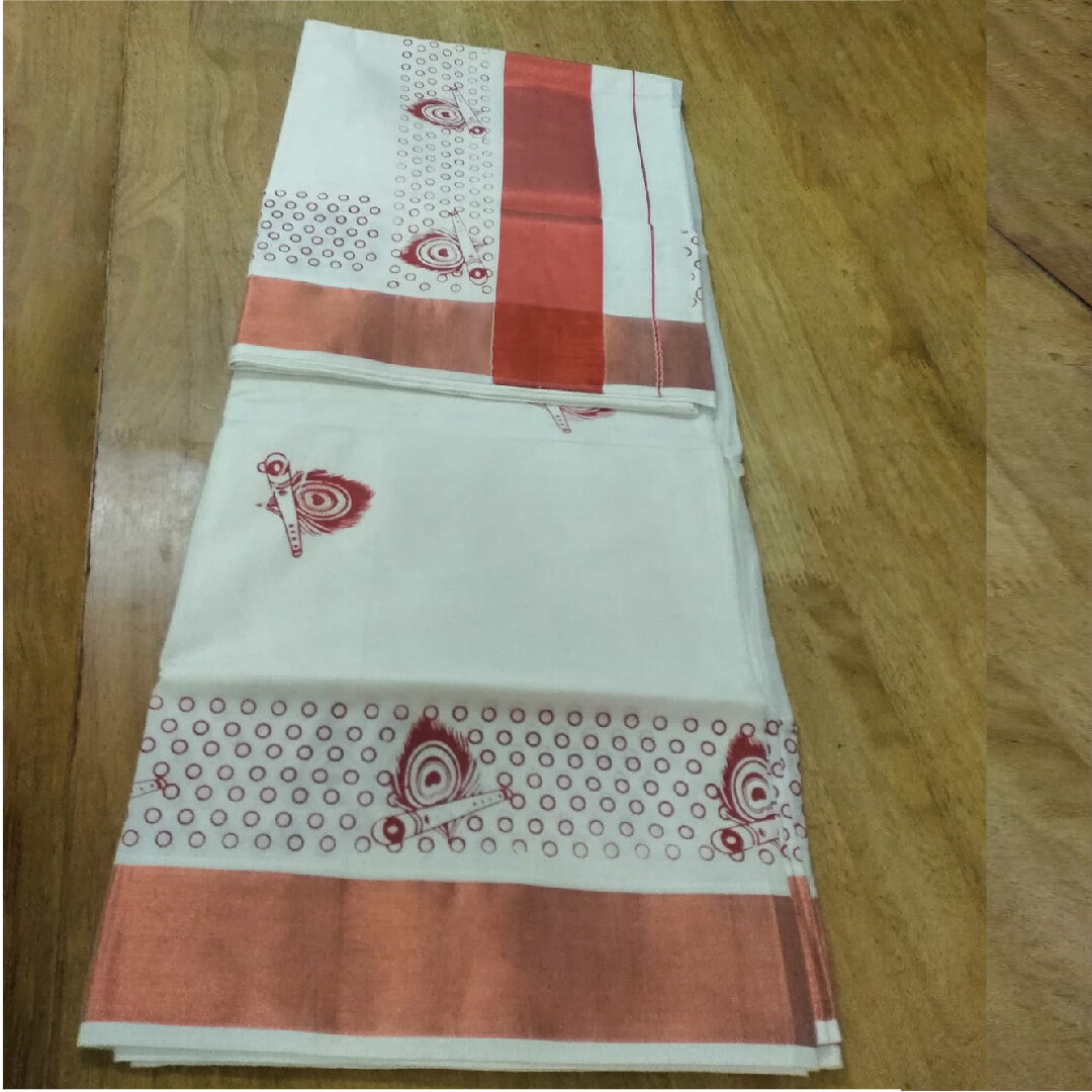 Kerala handloom Cotton printed Kasavu Sari