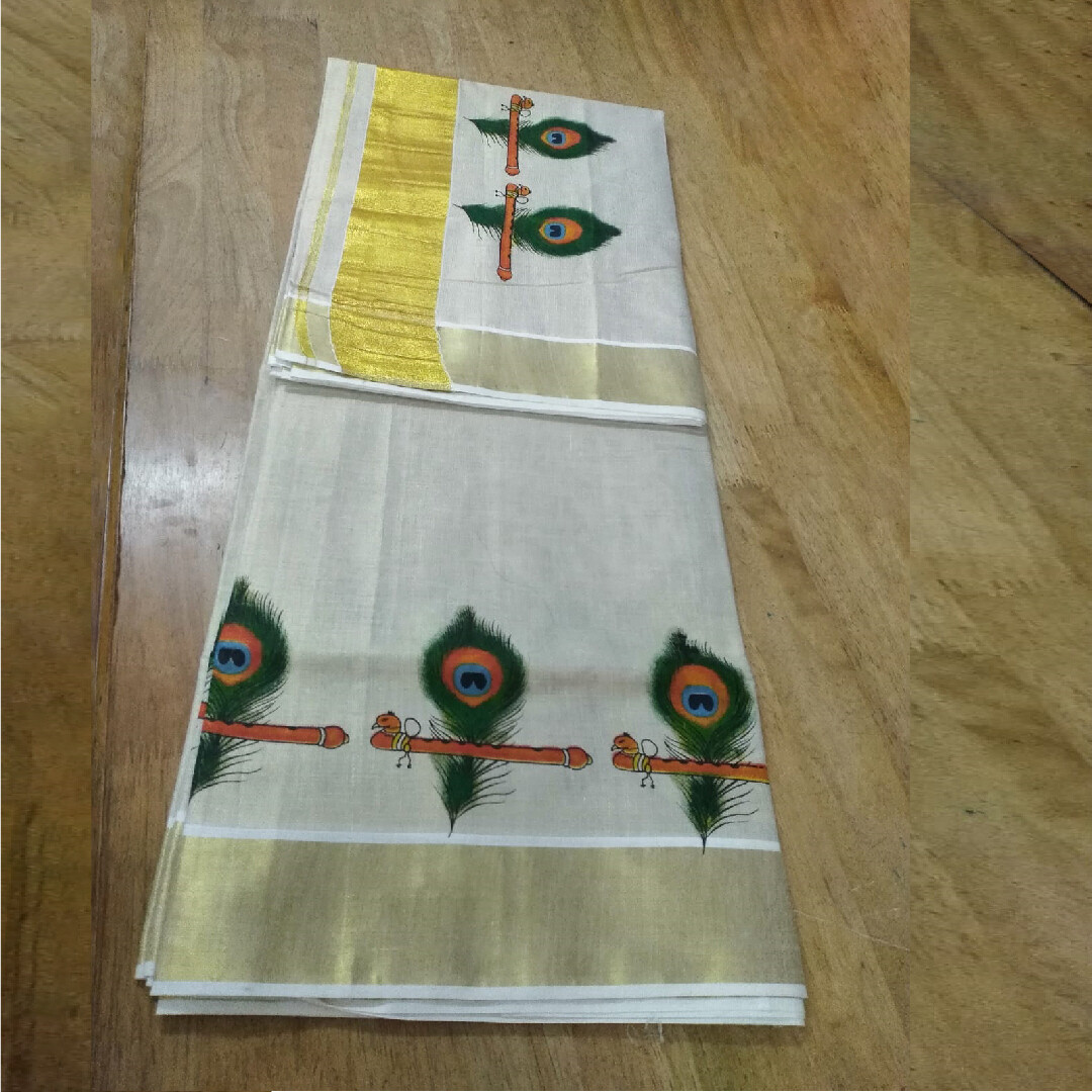 Kerala handloom Golden Tissue Sari