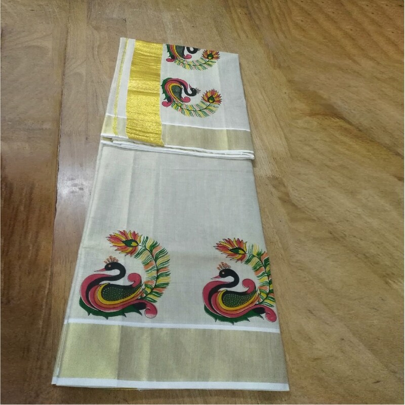 Kerala handloom Golden Tissue Sari