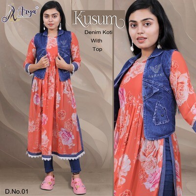 Ladies Fox Georgette Kusum Long kurta with Denim Kotti set