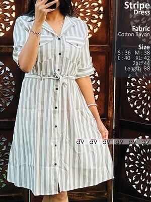 Womens 3/4th Sleeve Rayon Cotton Stipe Shirt dress