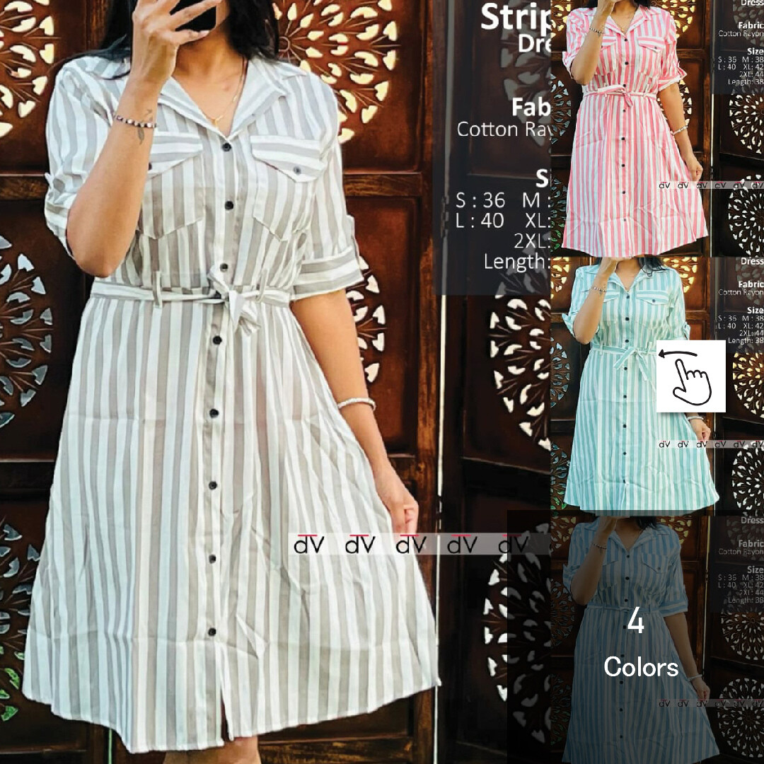 Womens 3/4th Sleeve Rayon Cotton Stipe Shirt dress