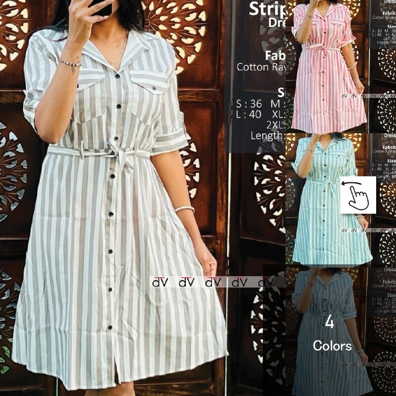 Womens 3/4th Sleeve Rayon Cotton Stipe Shirt dress