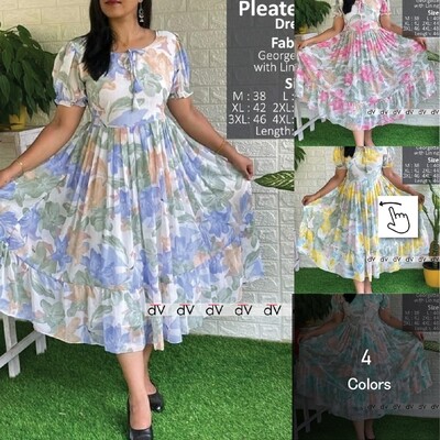 Georgette Floral Pleated dress with lining for Small to plus size women