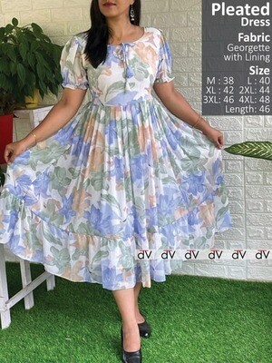 Georgette Floral Pleated Dress – Sizes S to Plus Size