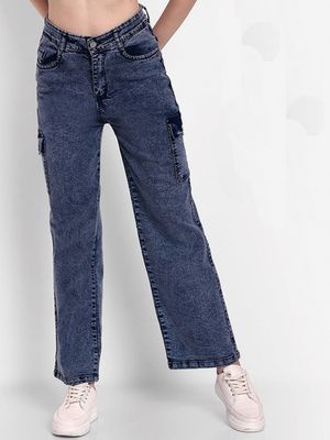 Women Blue Denim Cargo pant with 4 pockets