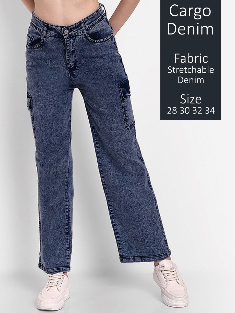 Women Blue Denim Cargo pant with 4 pockets