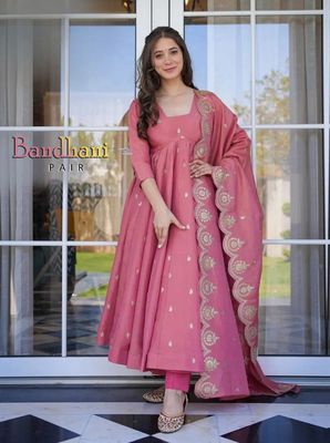 Bandhani Roman Silk Anarkali kurti pair with dupatta