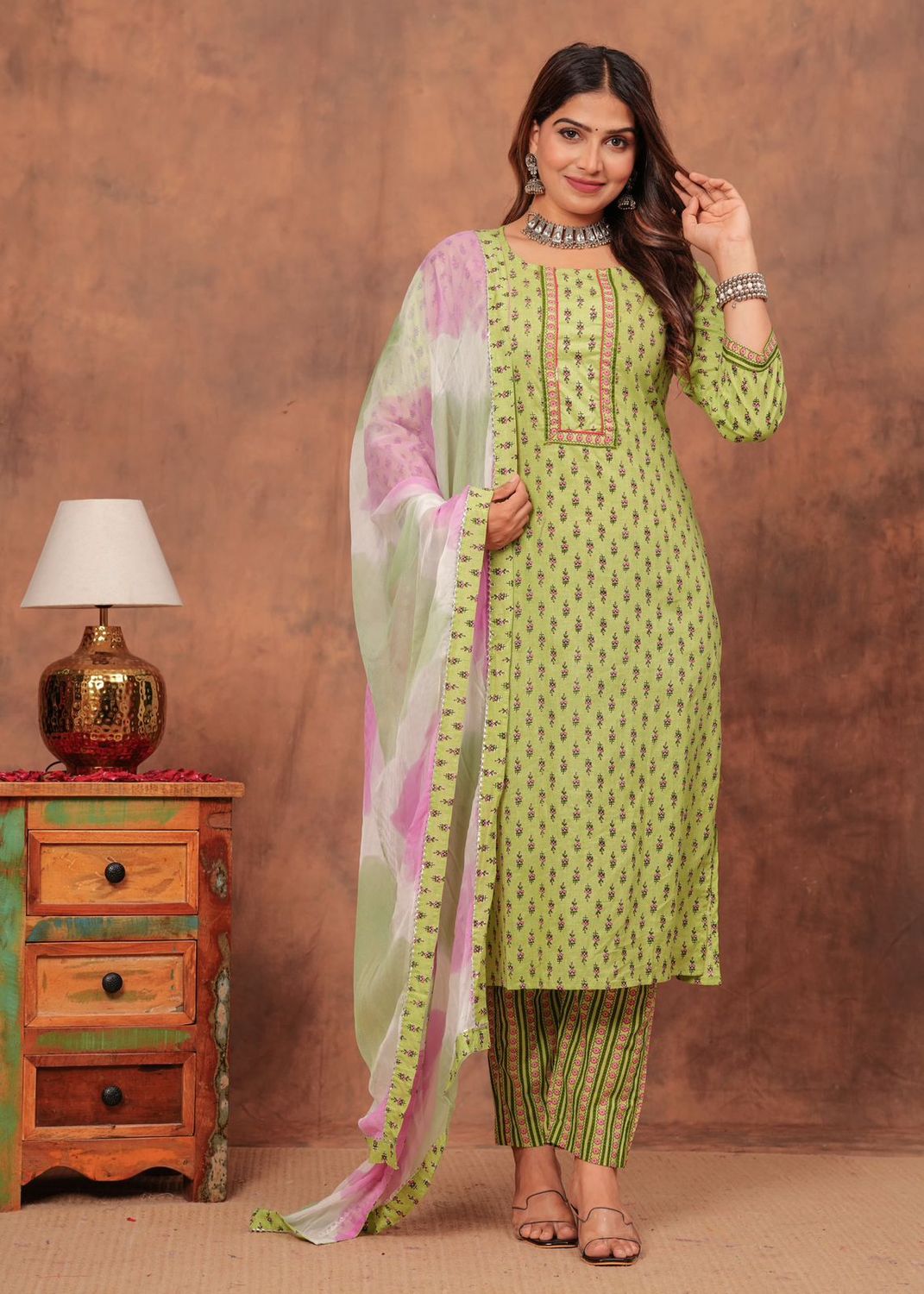 Exclusive Jaipuri Printed Cotton 3 Pc Kurti Set  with Kota Dupatta
