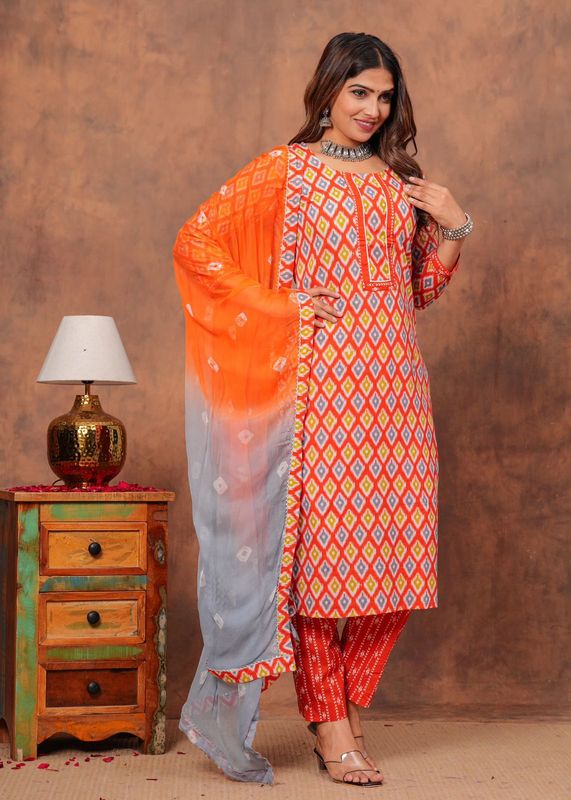 Orange Jaipuri Printed Cotton Kurti Set with Kota Dupatta