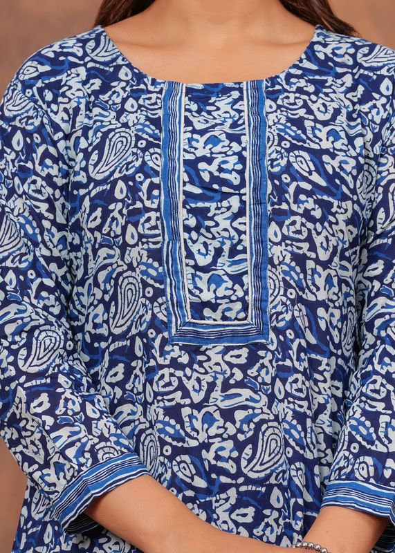 3 Pcs Blue Jaipuri Printed Cotton Kurti Set with Kota Dupatta