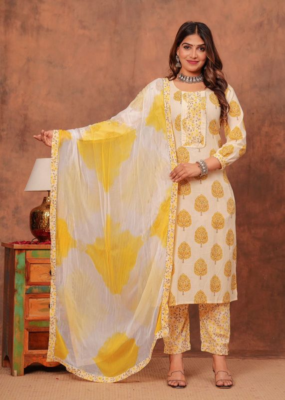 Exclusive Jaipuri Printed Cotton 3 Pc Kurti Set  with Kota Dupatta