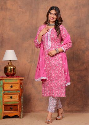 Exclusive Jaipuri Printed Cotton 3 Pc Kurti Set  with Kota Dupatta