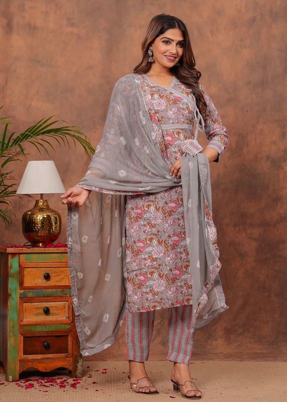 Grey Jaipuri Printed Cotton Kurti Set with Kota Dupatta