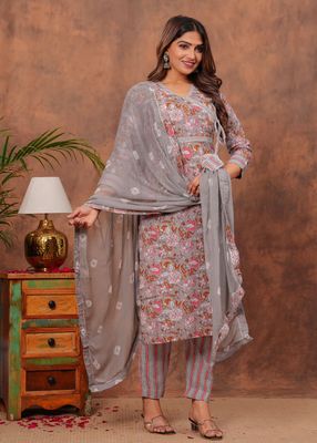 Grey Jaipuri Printed Cotton Kurti Set with Kota Dupatta