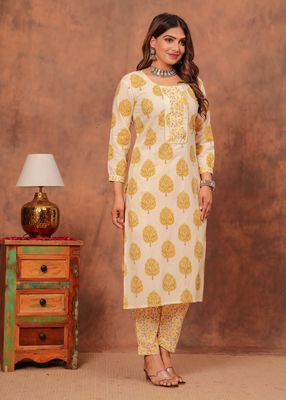 Exclusive Jaipuri Printed Cotton Kurti Set with Kota Dupatta