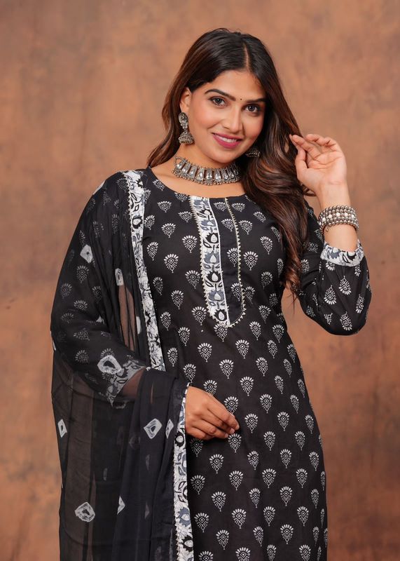 Black Jaipuri Printed Cotton Kurti Set with Kota Dupatta
