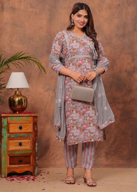 Exclusive Jaipuri Printed Cotton 3 Pc Kurti Set  with Kota Dupatta