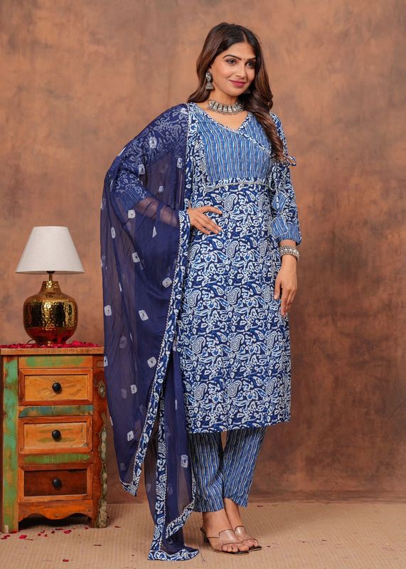 Exclusive Jaipuri Printed Cotton 3 Pc Kurti Set  with Kota Dupatta