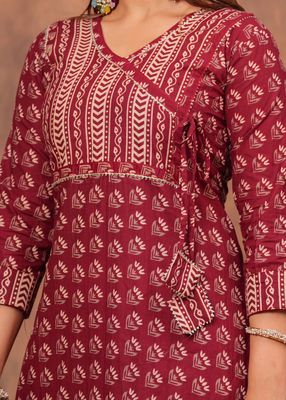 Maroon Jaipuri Printed Cotton Kurti Set with Kota Dupatta