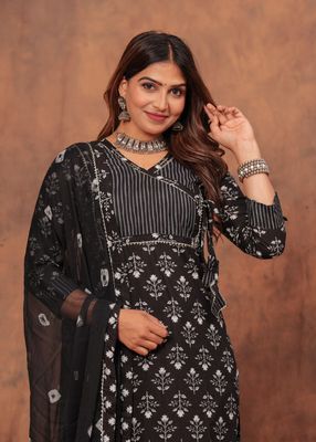 3piece Black Printed Cotton Kurti Set with Kota Dupatta